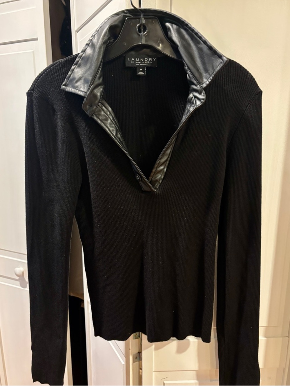 Laundry By Shelli Segal Black Ribbed Top with Faux Leather Trim